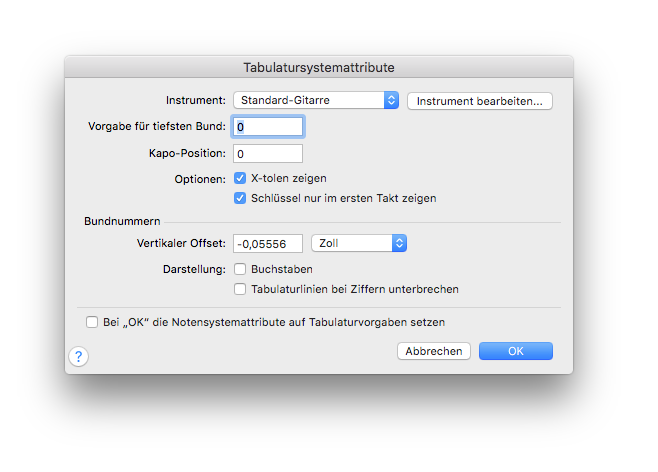 Dialogbox Tabulatursystemattribute